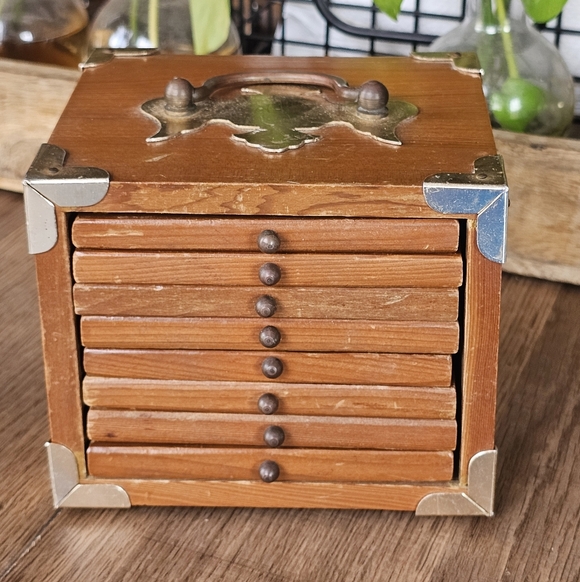 MCM Wood Brass 8 Piece Coaster Storage Box Drawer Style Cork Vintage Drinks Read - Picture 2 of 14